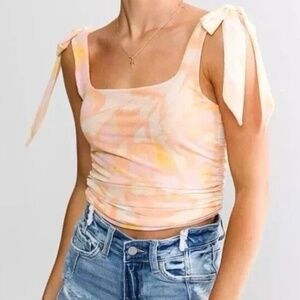 Free People Women's Avenue Print Ruched Tank Top Size Small Ivory Combo Mesh